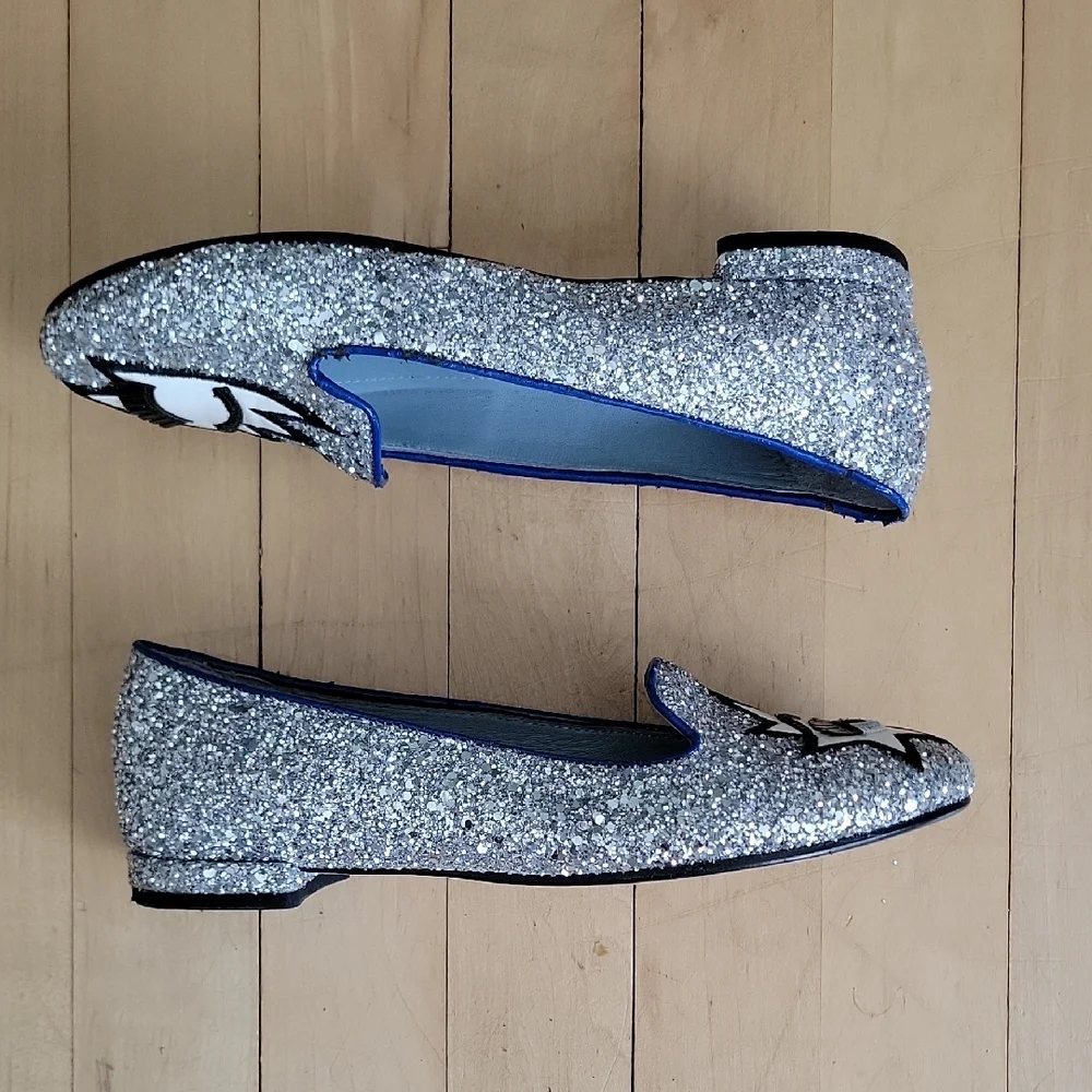 Chiara Ferragni Silver Glitter Flirting Eye Eyelash Flat Loafers - 36